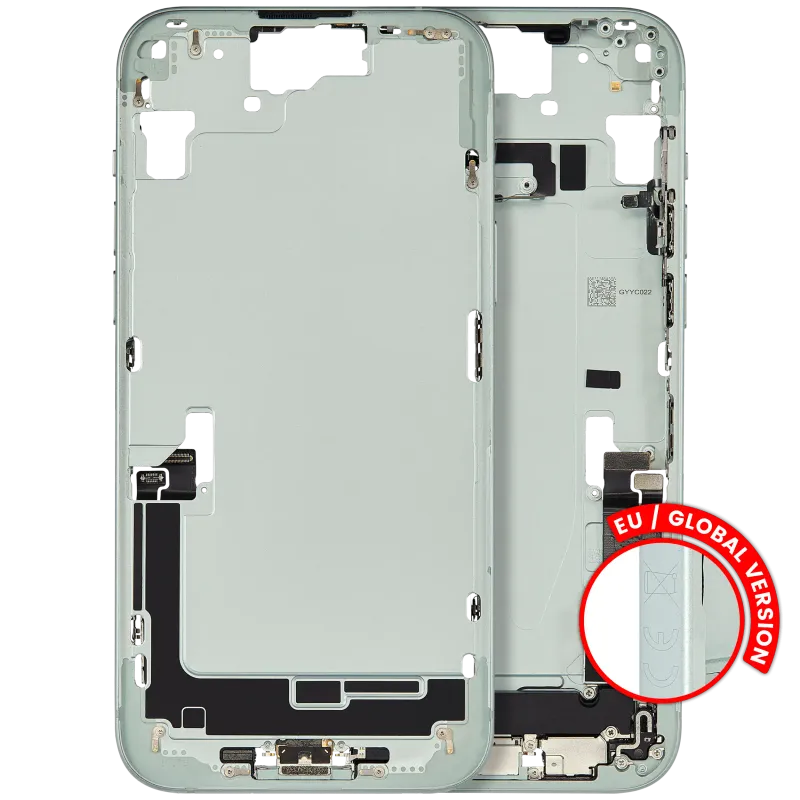 Střední rám (housing) s flexem nabíjecího konektoru a drobnými díly pro iPhone 15 Plus (EU verze) (originál z vyřazeného zařízení, stav C) (zelená)