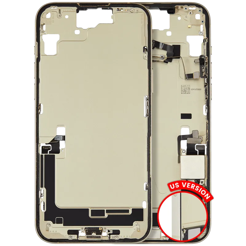 Střední rám (housing) s flexem nabíjecího konektoru a drobnými díly pro iPhone 15 Plus (US verze) (originál z vyřazeného zařízení, stav C) (žlutá)