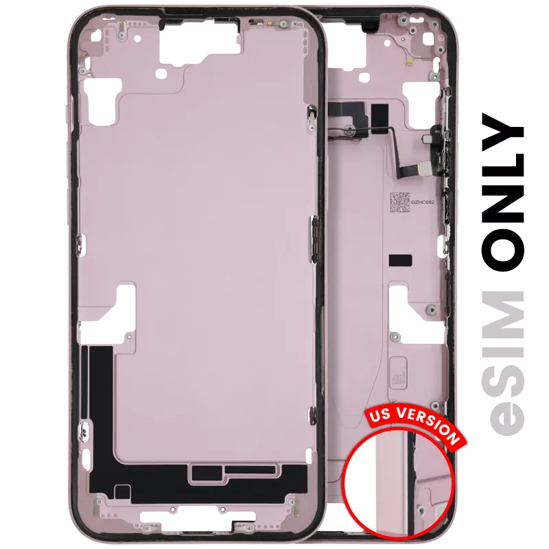 Střední rám (housing) s drobnými díly pro iPhone 15 Plus (US verze) (originál z vyřazeného zařízení, stav C) (růžová)