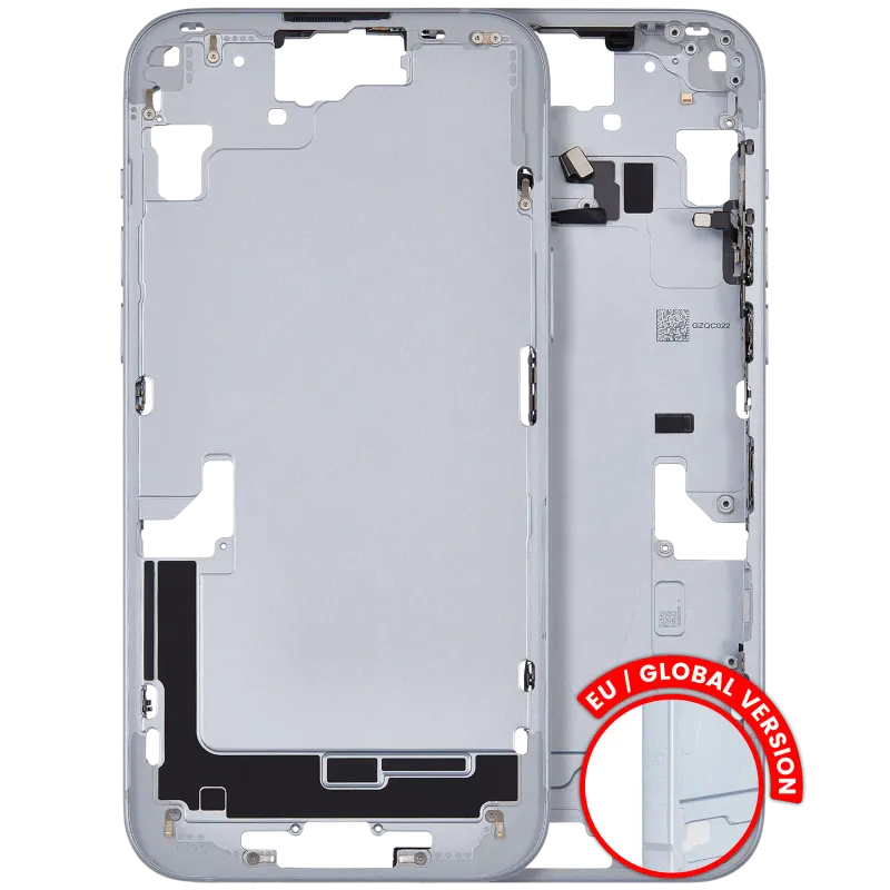 Střední rám (housing) s drobnými díly pro iPhone 15 Plus (EU verze) (originál z vyřazeného zařízení, stav C) (modrá)