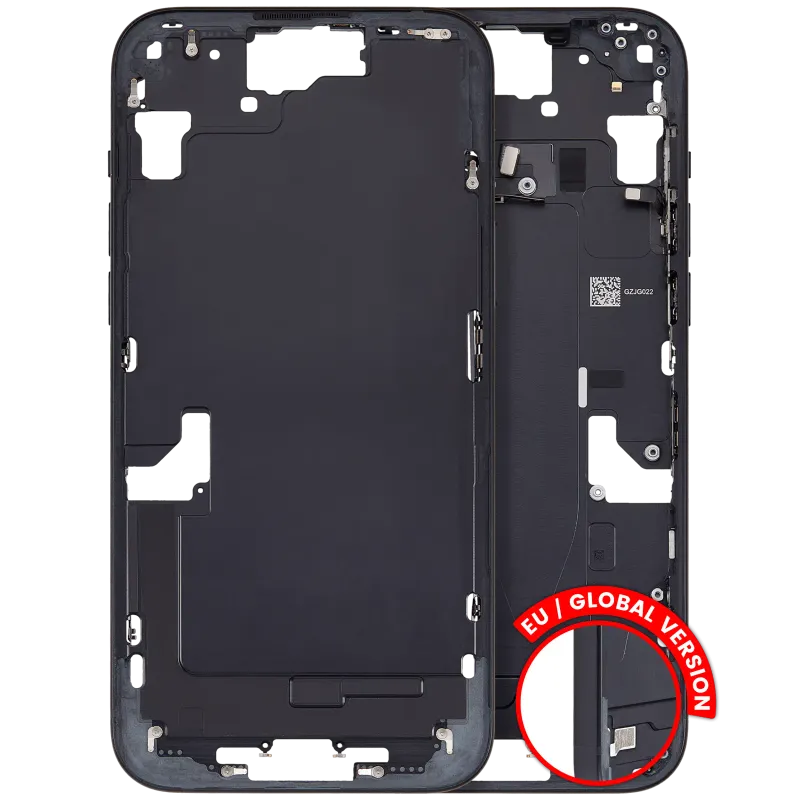 Střední rám (housing) s drobnými díly pro iPhone 15 Plus (EU verze) (originál z vyřazeného zařízení, stav B) (černá)