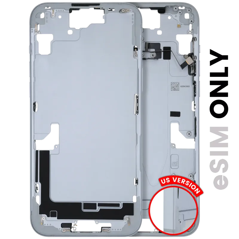 Střední rám (housing) s drobnými díly pro iPhone 15 Plus (US verze) (originál z vyřazeného zařízení, stav B) (modrá)
