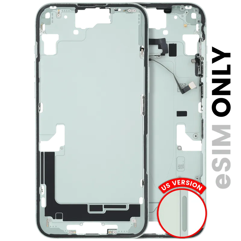 Střední rám (housing) s drobnými díly pro iPhone 15 Plus (US verze) (originál z vyřazeného zařízení, stav B) (zelená)