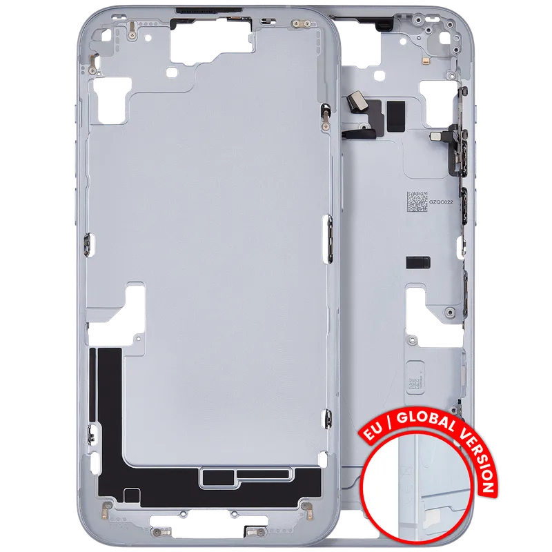 Střední rám (housing) s drobnými díly pro iPhone 15 Plus (EU verze) (originál z vyřazeného zařízení, stav B) (modrá)