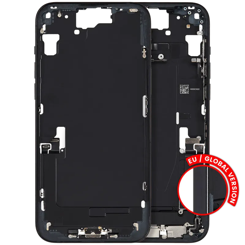 Střední rám (housing) s flexem nabíjecího konektoru a drobnými díly pro iPhone 15 Plus (EU verze) (originál z vyřazeného zařízení, stav B) (černá)