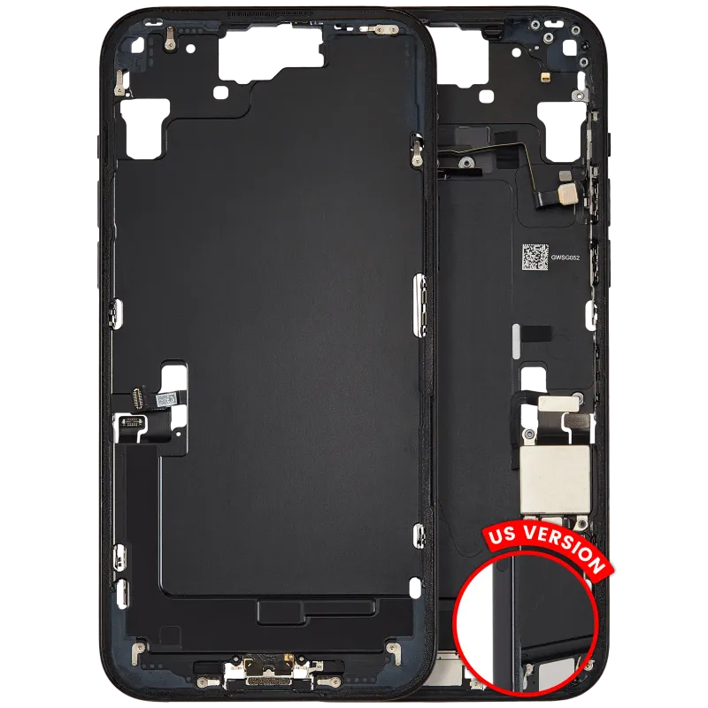 Střední rám (housing) s flexem nabíjecího konektoru a drobnými díly pro iPhone 15 Plus (US verze) (originál z vyřazeného zařízení, stav B) (černá)