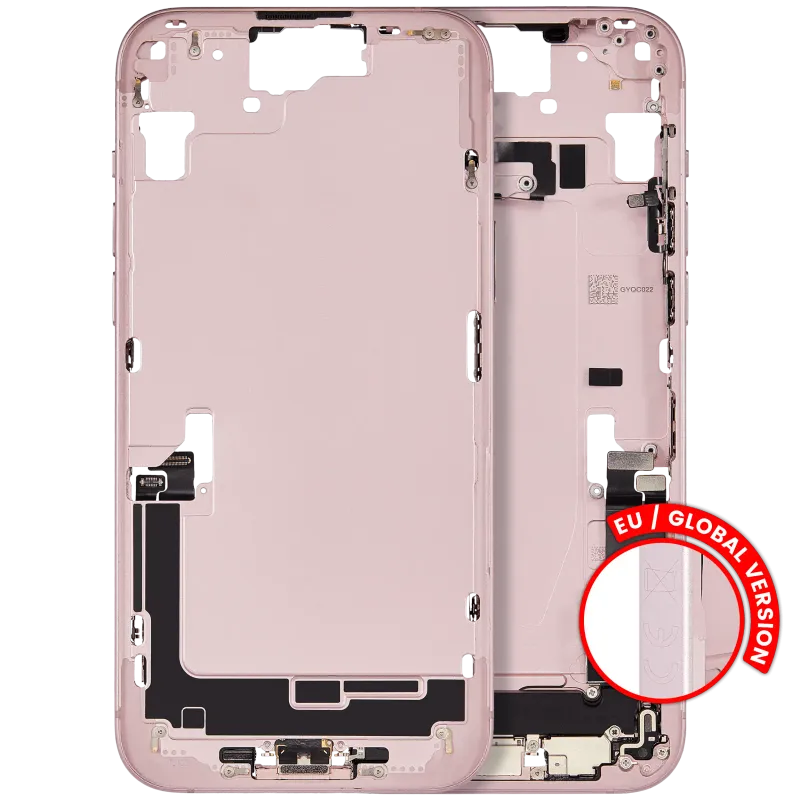 Střední rám (housing) s flexem nabíjecího konektoru a drobnými díly pro iPhone 15 Plus (EU verze) (originál z vyřazeného zařízení, stav B) (růžová)