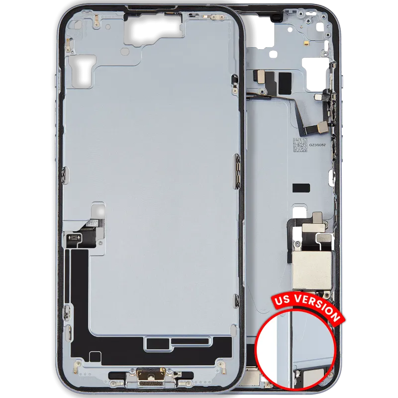 Střední rám (housing) s flexem nabíjecího konektoru a drobnými díly pro iPhone 15 Plus (US verze) (originál z vyřazeného zařízení, stav B) (modrá)