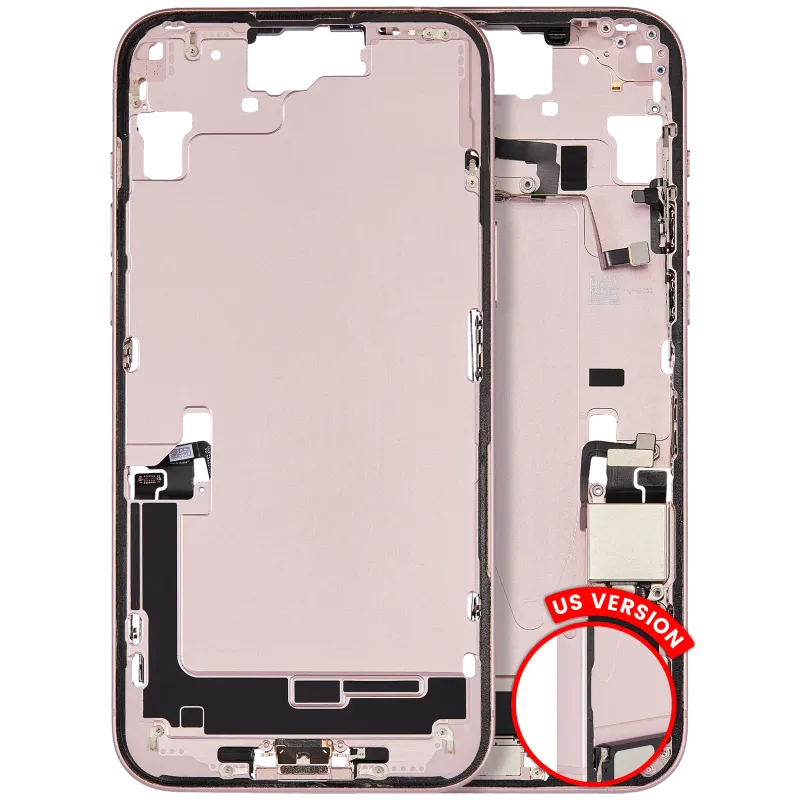 Střední rám (housing) s flexem nabíjecího konektoru a drobnými díly pro iPhone 15 Plus (US verze) (originál z vyřazeného zařízení, stav B) (růžová)