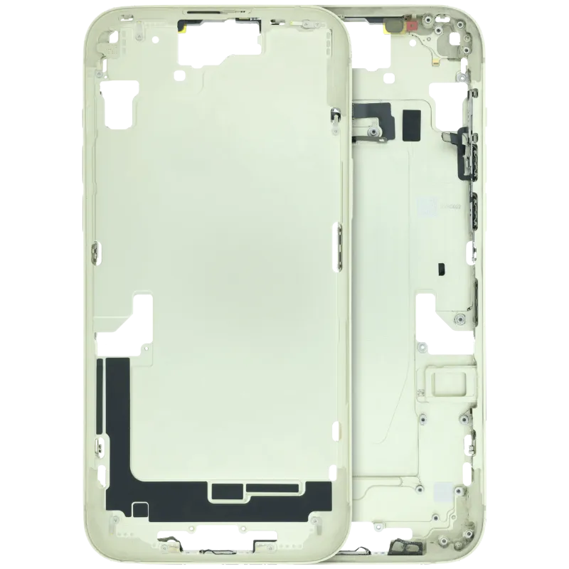 Střední rám (housing) s drobnými díly pro iPhone 15 Plus (EU verze) (originál z vyřazeného zařízení, stav B) (žlutá)
