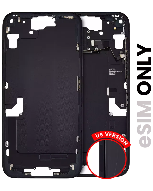 Střední rám (housing) s drobnými díly pro iPhone 15 Plus (US verze) (originál z vyřazeného zařízení, stav A) (černá)