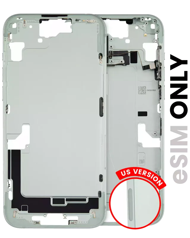 Střední rám (housing) s drobnými díly pro iPhone 15 Plus (US verze) (originál z vyřazeného zařízení, stav A) (zelená)