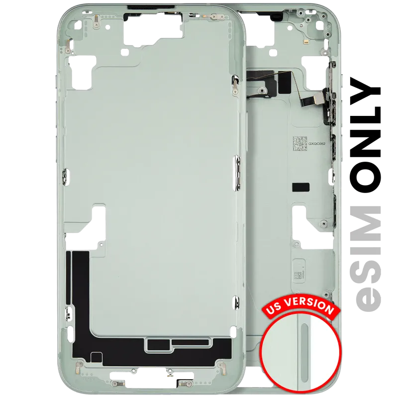 Střední rám (housing) s drobnými díly pro iPhone 15 Plus (US verze) (originál z vyřazeného zařízení, stav C) (zelená)