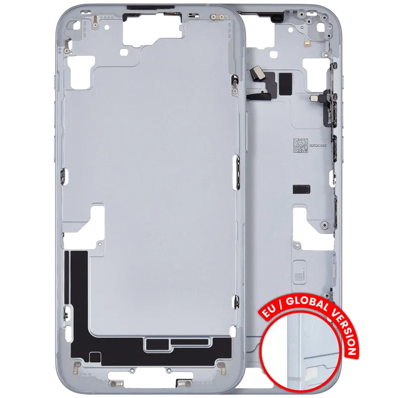 Střední rám (housing) s drobnými díly pro iPhone 15 Plus (EU verze) (originál z vyřazeného zařízení, stav A) (modrá)