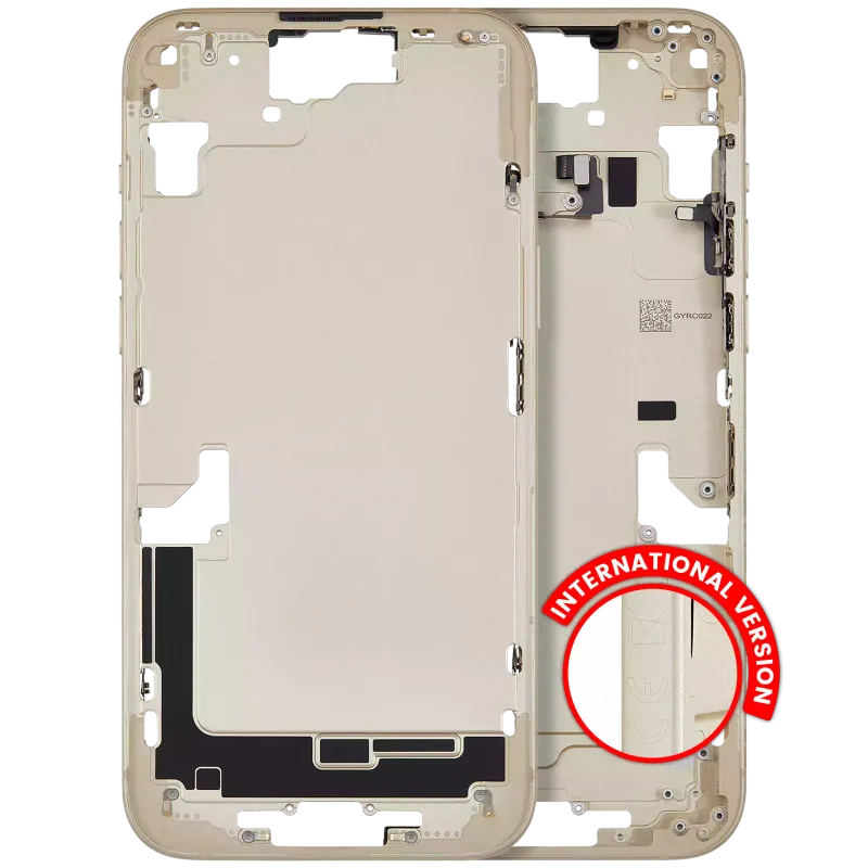 Střední rám (housing) s drobnými díly pro iPhone 15 Plus (EU verze) (originál z vyřazeného zařízení, stav A) (žlutá)