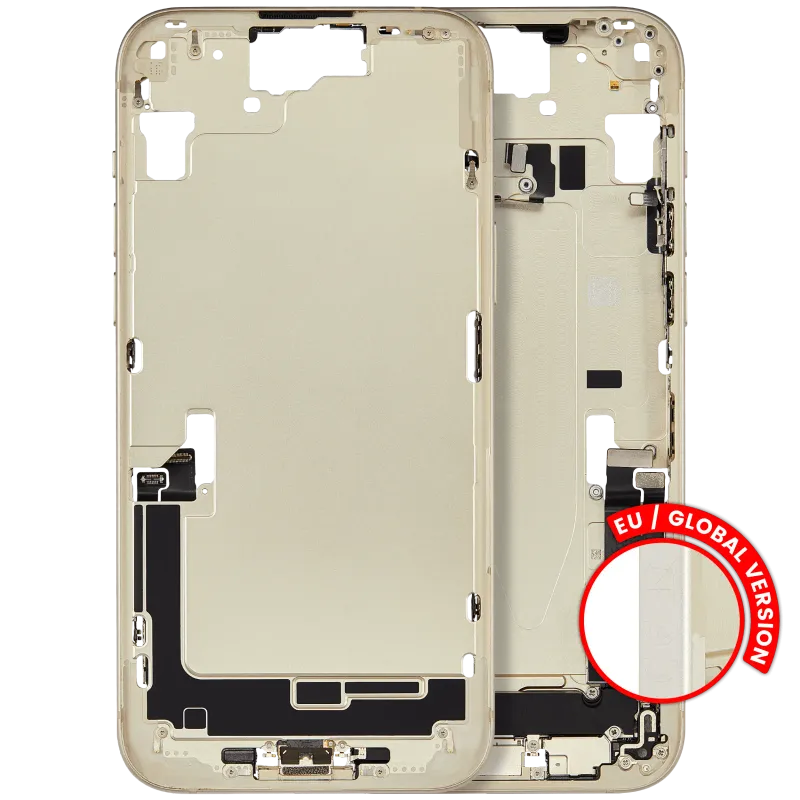 Střední rám (housing) s flexem nabíjecího konektoru a drobnými díly pro iPhone 15 Plus (EU verze) (originál z vyřazeného zařízení, stav A) (žlutá)