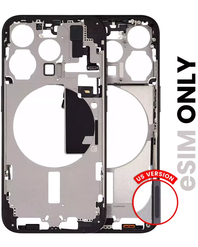Střední rám (housing) s drobnými díly pro iPhone 15 Pro (US verze) (originál z vyřazeného zařízení, stav B) (černý titan)