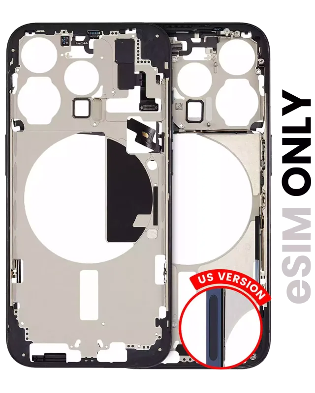 Střední rám (housing) s drobnými díly pro iPhone 15 Pro (US verze) (originál z vyřazeného zařízení, stav B) (modrý titan)