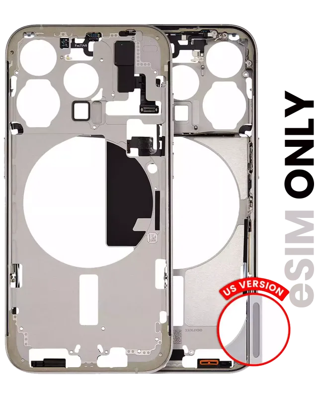 Střední rám (housing) s drobnými díly pro iPhone 15 Pro (US verze) (originál z vyřazeného zařízení, stav B) (přírodní titan)