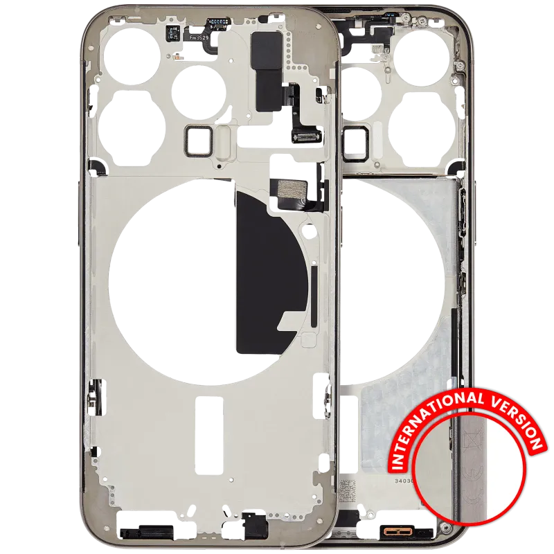 Střední rám (housing) s drobnými díly pro iPhone 15 Pro (EU verze) (originál z vyřazeného zařízení, stav B) (přírodní titan)