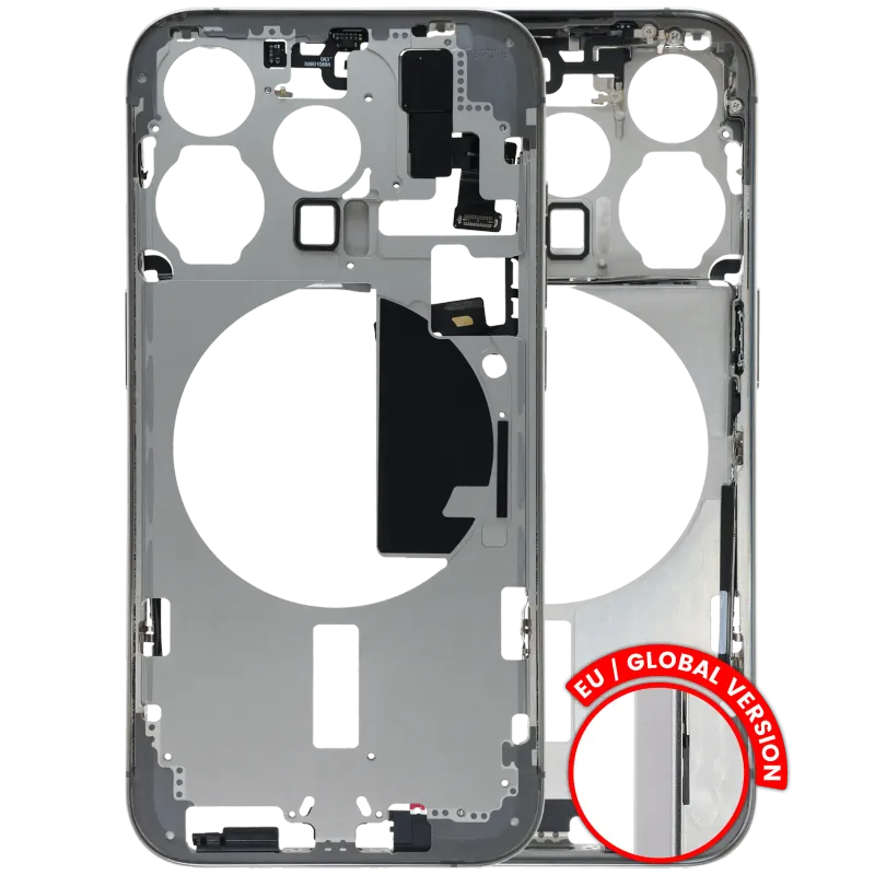 Střední rám (housing) s drobnými díly pro iPhone 15 Pro (EU verze) (originál z vyřazeného zařízení, stav B) (bílý titan)