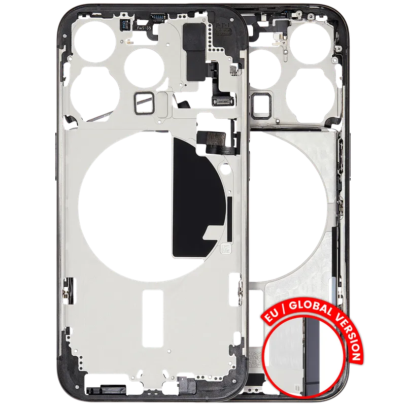Střední rám (housing) s drobnými díly pro iPhone 15 Pro (EU verze) (originál z vyřazeného zařízení, stav B) (černý titan)