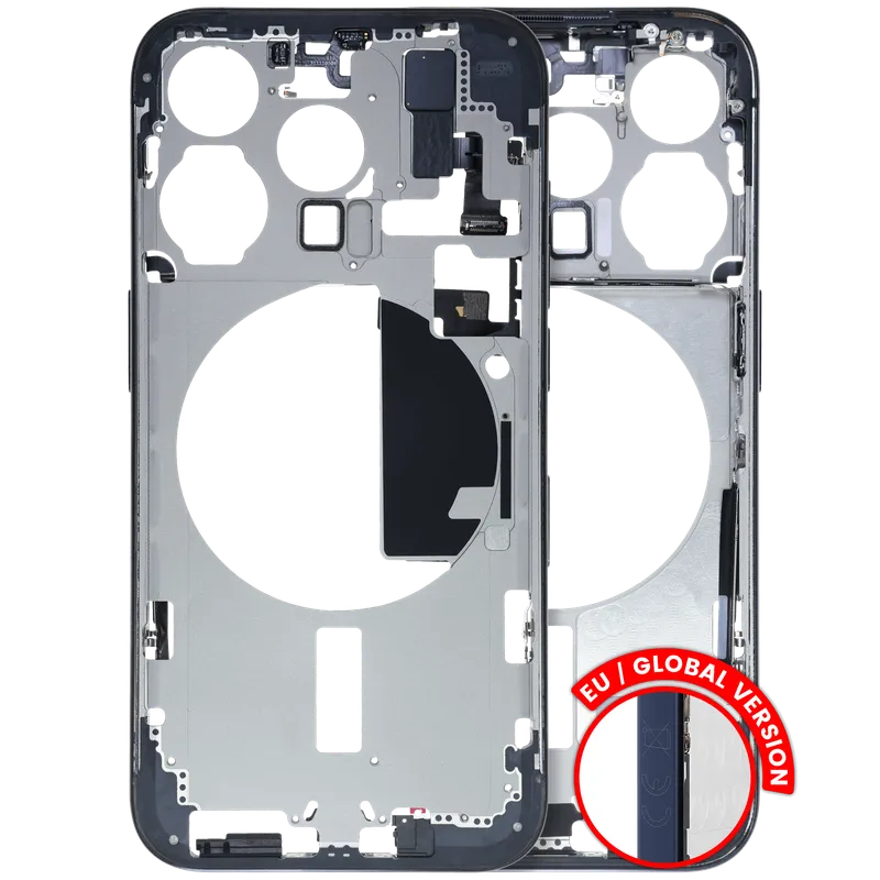 Střední rám (housing) s drobnými díly pro iPhone 15 Pro (EU verze) (originál z vyřazeného zařízení, stav B) (modrý titan)
