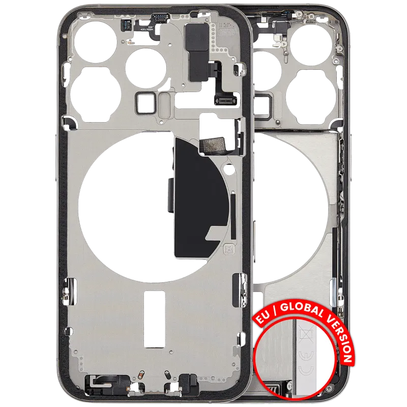 Střední rám (housing) s flexem nabíjecího konektoru a drobnými díly pro iPhone 15 Pro (EU verze) (originál z vyřazeného zařízení, stav B) (bílý titan)