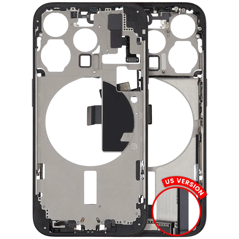 Střední rám (housing) s flexem nabíjecího konektoru a drobnými díly pro iPhone 15 Pro (US verze) (originál z vyřazeného zařízení, stav B) (černý titan)