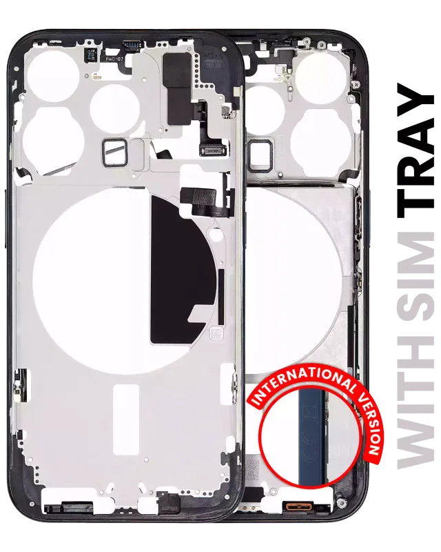 Střední rám (housing) s drobnými díly pro iPhone 15 Pro (EU verze) (originál z vyřazeného zařízení, stav A) (modrý titan)