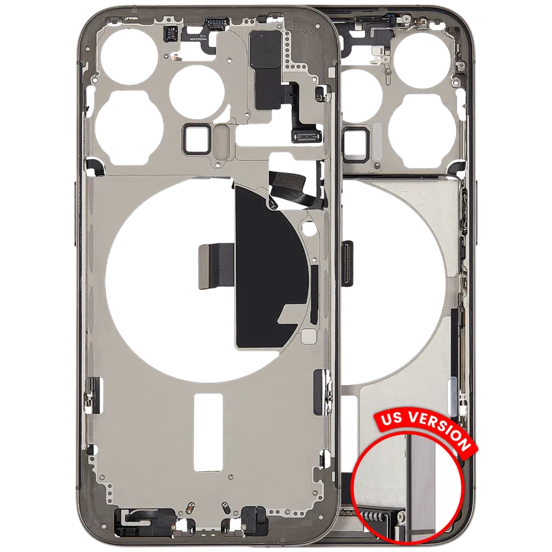 Střední rám (housing) s flexem nabíjecího konektoru a drobnými díly pro iPhone 15 Pro (US verze) (originál z vyřazeného zařízení, stav B) (přírodní titan)