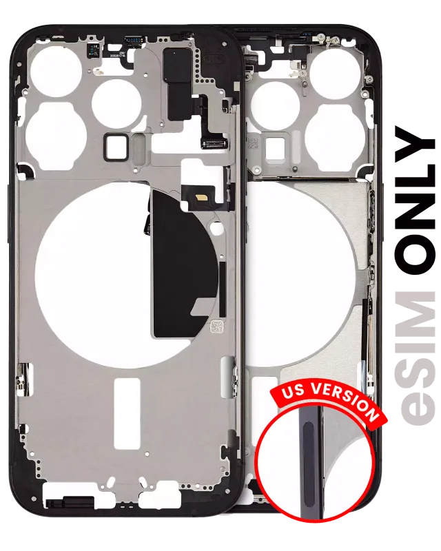Střední rám (housing) s drobnými díly pro iPhone 15 Pro (US verze) (originál z vyřazeného zařízení, stav A) (černý titan)