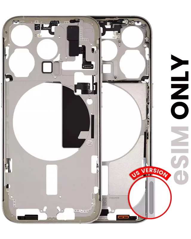 Střední rám (housing) s drobnými díly pro iPhone 15 Pro (US verze) (originál z vyřazeného zařízení, stav A) (přírodní titan)