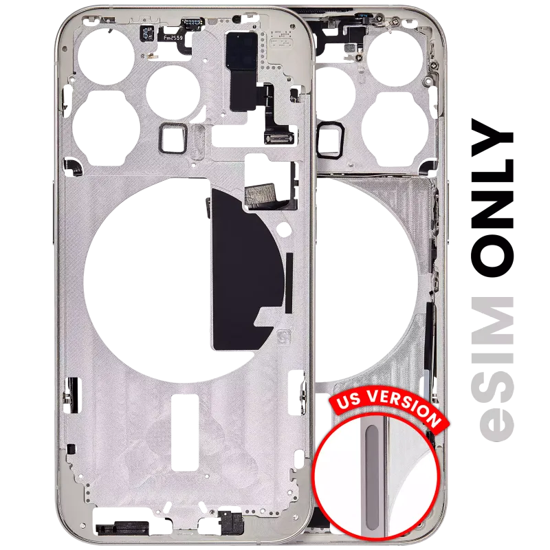 Střední rám (housing) s drobnými díly pro iPhone 15 Pro (US verze) (originál z vyřazeného zařízení, stav A) (bílý titan)