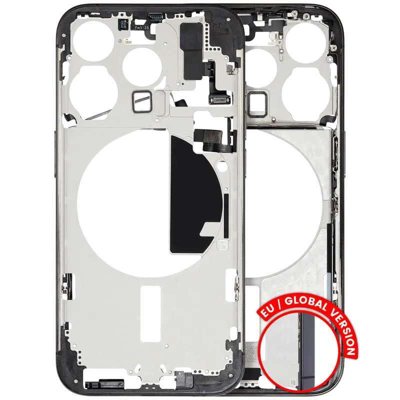 Střední rám (housing) s drobnými díly pro iPhone 15 Pro (EU verze) (originál z vyřazeného zařízení, stav A) (černý titan)