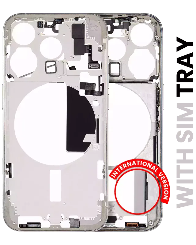 Střední rám (housing) s drobnými díly pro iPhone 15 Pro (EU verze) (originál z vyřazeného zařízení, stav A) (bílý titan)