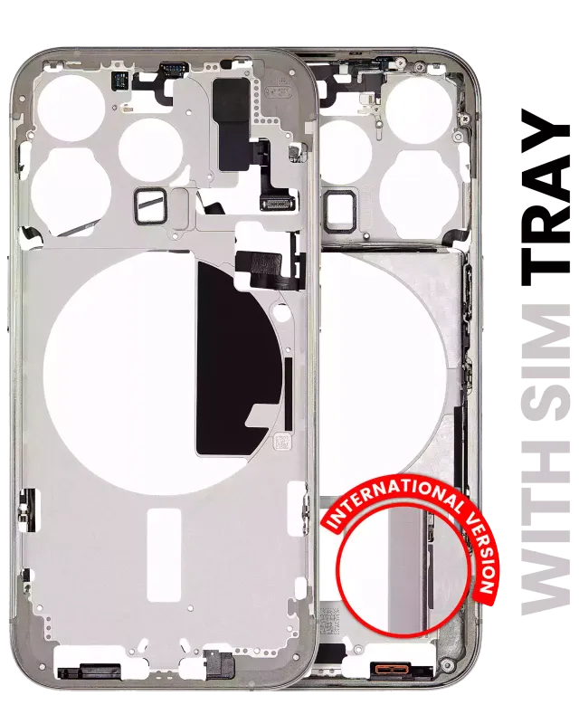 Střední rám (housing) s drobnými díly pro iPhone 15 Pro (EU verze) (originál z vyřazeného zařízení, stav A) (přírodní titan)