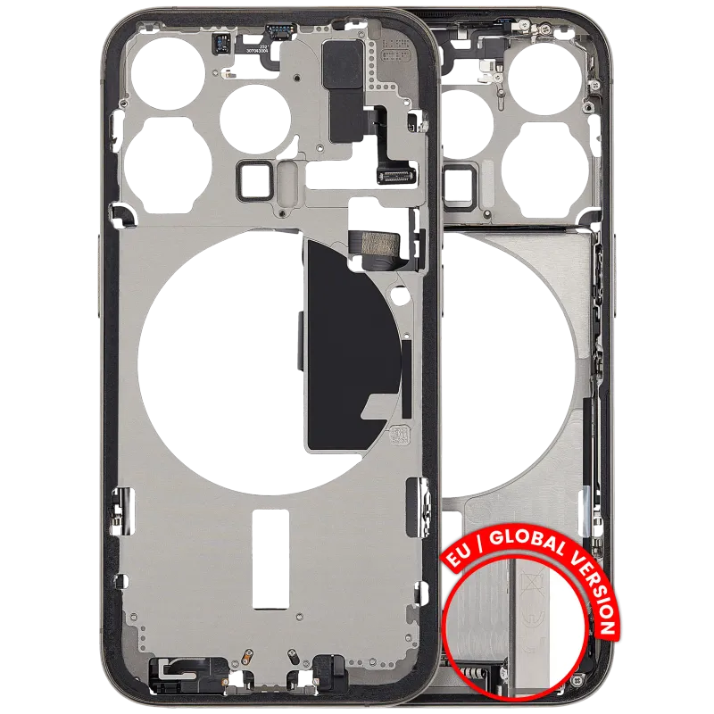 Střední rám (housing) s flexem nabíjecího konektoru a drobnými díly pro iPhone 15 Pro (EU verze) (originál z vyřazeného zařízení, stav A) (přírodní titan)