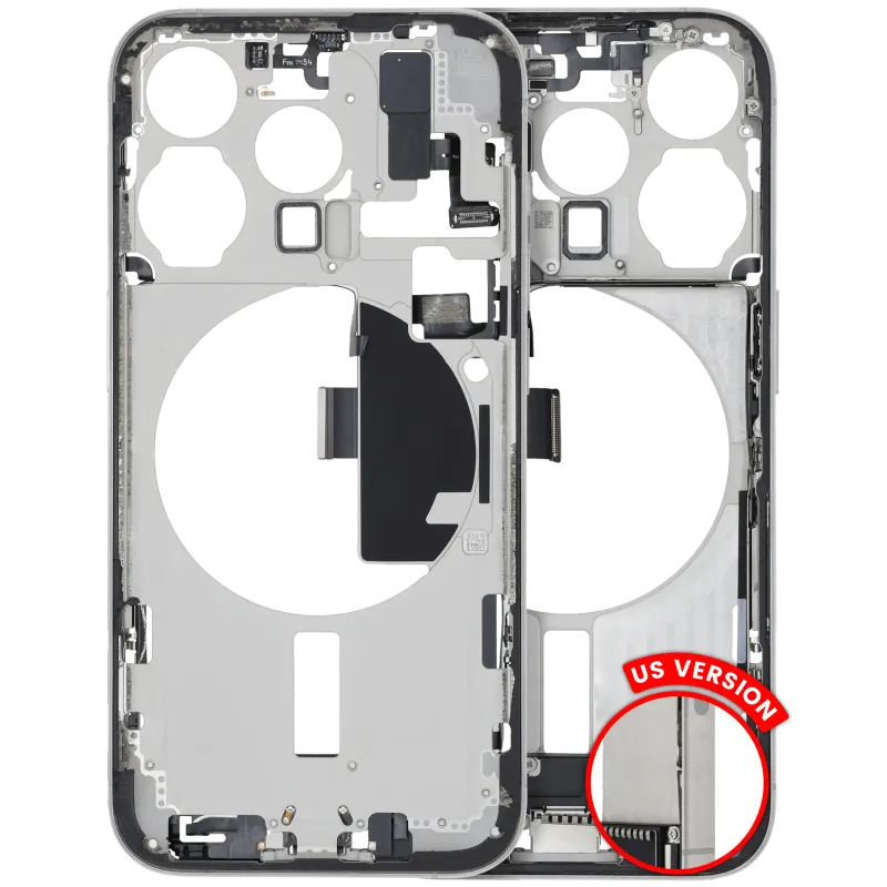 Střední rám (housing) s flexem nabíjecího konektoru a drobnými díly pro iPhone 15 Pro (US verze) (originál z vyřazeného zařízení, stav A) (bílý titan)