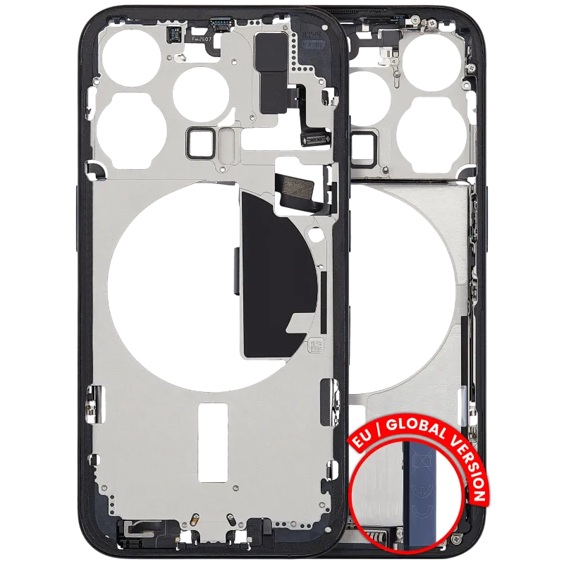 Střední rám (housing) s flexem nabíjecího konektoru a drobnými díly pro iPhone 15 Pro (EU verze) (originál z vyřazeného zařízení, stav A) (modrý titan)