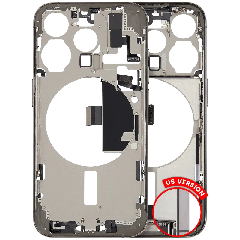 Střední rám (housing) s flexem nabíjecího konektoru a drobnými díly pro iPhone 15 Pro (US verze) (originál z vyřazeného zařízení, stav A) (přírodní titan)
