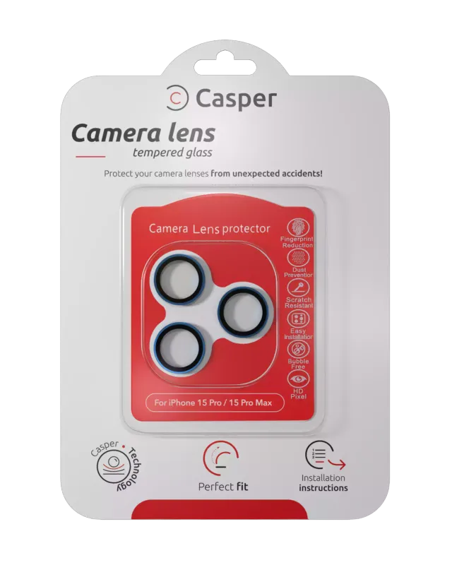Ochrana objektivu Casper pro iPhone 15 Pro / 15 Pro Max (modrý titan) (průhledné)