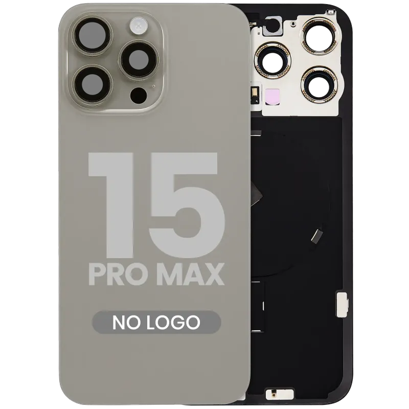 Zadní sklo s magnetem MagSafe, NFC a flexem blesku pro iPhone 15 Pro Max (bez loga) (Aftermarket) (přírodní titan)
