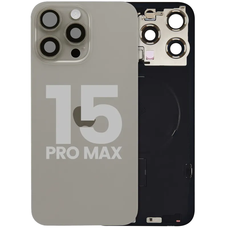 Zadní sklo s magnetem MagSafe, NFC a flexem blesku pro iPhone 15 Pro Max (originál z vyřazeného zařízení, stav B) (přírodní titan)