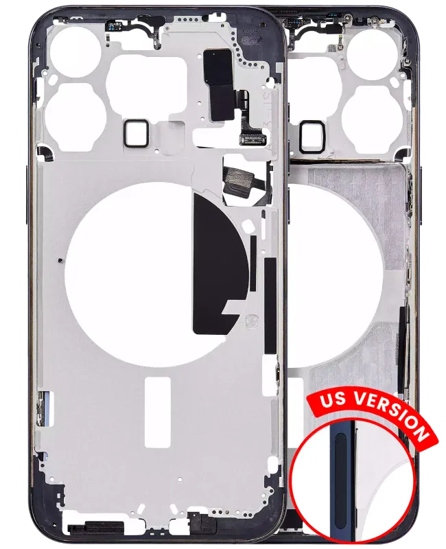 Střední rám (housing) s drobnými díly pro iPhone 15 Pro Max (US verze) (Aftermarket Plus) (modrý titan)