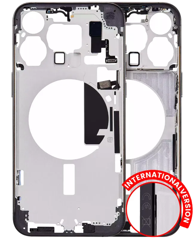 Střední rám (housing) s drobnými díly pro iPhone 15 Pro Max (EU verze) (Aftermarket Plus) (černý titan)