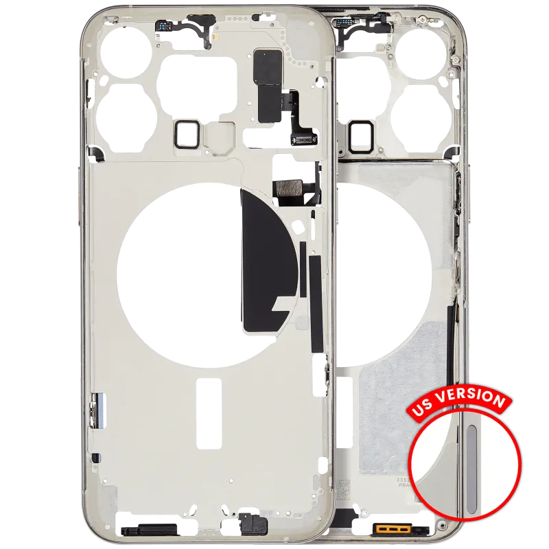Střední rám (housing) s drobnými díly pro iPhone 15 Pro Max (US verze) (Aftermarket Plus) (bílý titan)