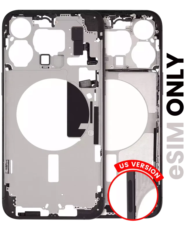 Střední rám (housing) s drobnými díly pro iPhone 15 Pro Max (US verze) (originál z vyřazeného zařízení, stav C) (černý titan)