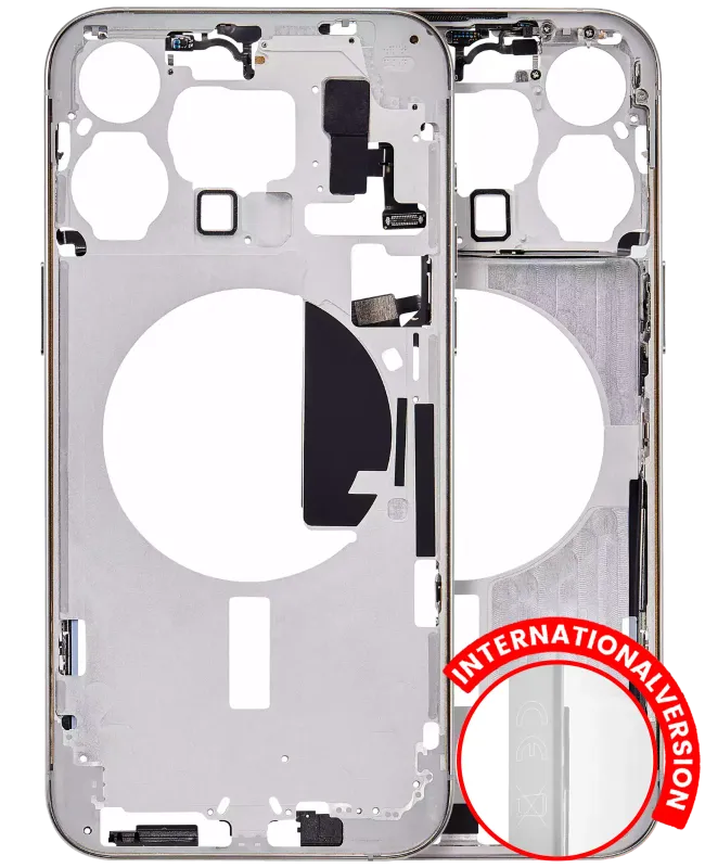 Střední rám (housing) s drobnými díly pro iPhone 15 Pro Max (EU verze) (Aftermarket Plus) (bílý titan)
