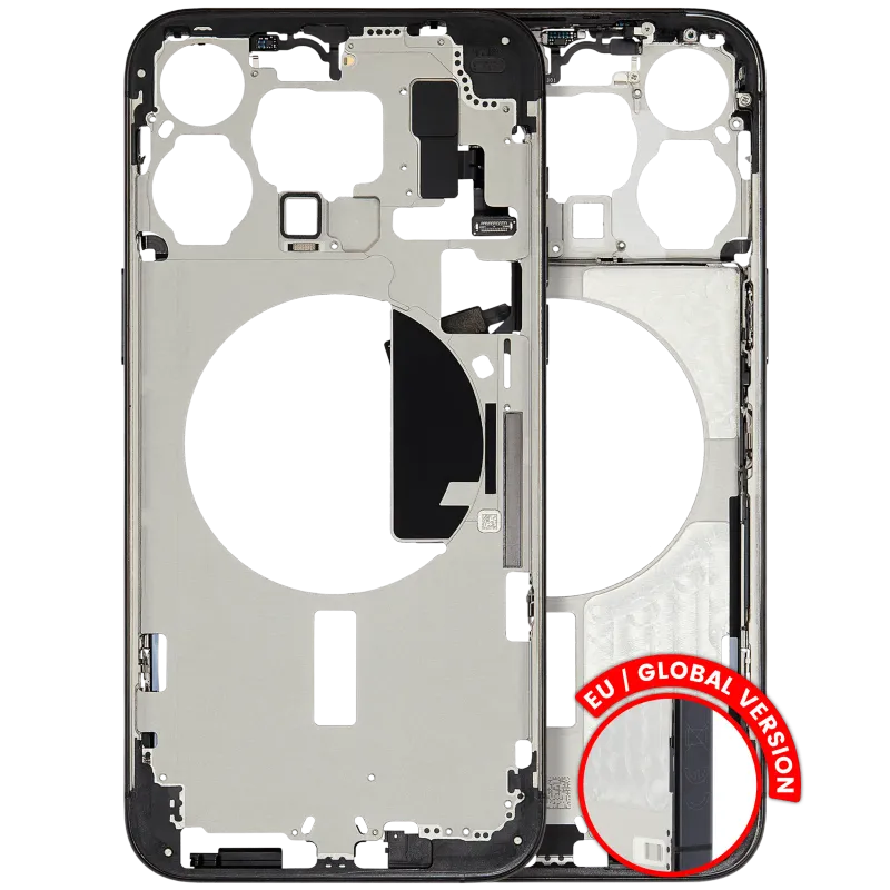 Střední rám (housing) s drobnými díly pro iPhone 15 Pro Max (EU verze) (originál z vyřazeného zařízení, stav C) (černý titan)